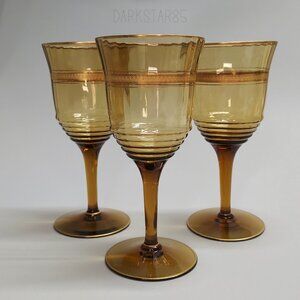 Vintage Amber Optic Water Goblets With Gold Trim Unknown Maker (x3)